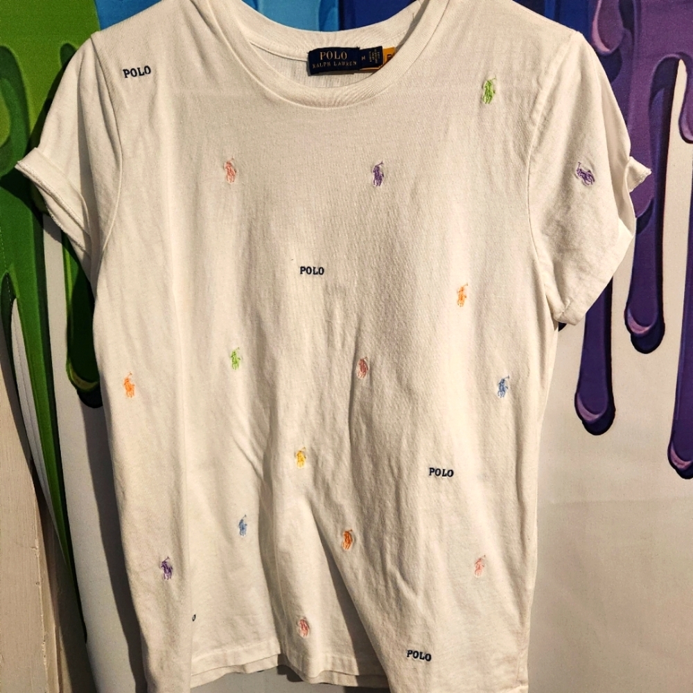 Medium, Polo Ralph Lauren, White T-Shirt with Multicolor Embroidery